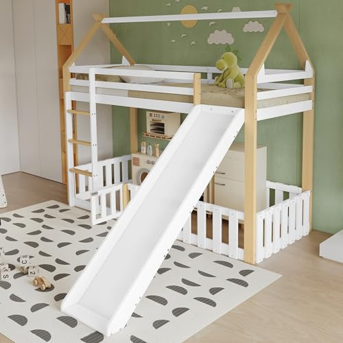 Kinderbett Etagenbett 90x200, Hochbett Hausbett mit Rutsche&Dach&Tür, Doppelbett Holzbett Jugendbett Stockbett Bettgestell Spielbett mit Lattenrost&Rausfallschutz, Kiefer, Ohne Matratze, Weiß+Natur