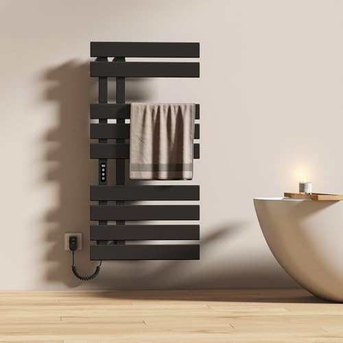 EMKE Scaldasalviette Elettrico da Bagno 1000 x 500 mm, Nero 320W | Lato sinistro, Portasalviette Riscaldato Elettrico, Scaldasalviette Elettrico con Controllo Intelligente della Temperatura