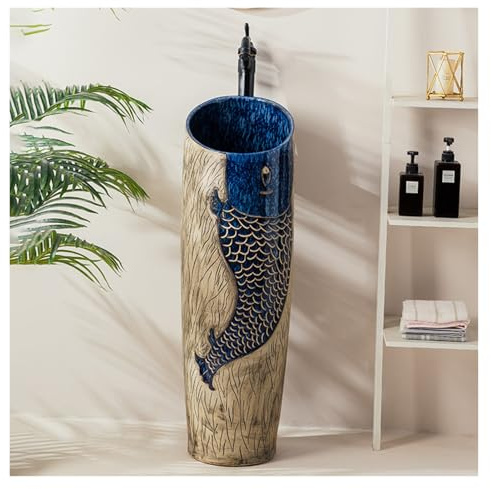 Vasque à Soser Salle de Bain Lavabo Colonne De Salle De Bain Au Design Vintage, Lavabo Sur Pied De 81 Cm De Hauteur Avec Robinet, Pour Salle De Bain À Domicile, Facile À Assembler(Set 6)