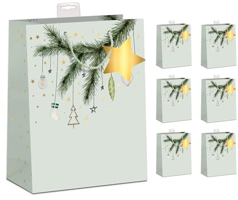 PremiumLine Geschenktüten Weihnachten Groß, 6 Stück | Hochwertig beschichtet & mit Beschriftungskarte | Sehr Stabil, Verstärkter Boden & Rand | FSC® Karton 210 g/m² | DIN A4 (26x32x12cm)