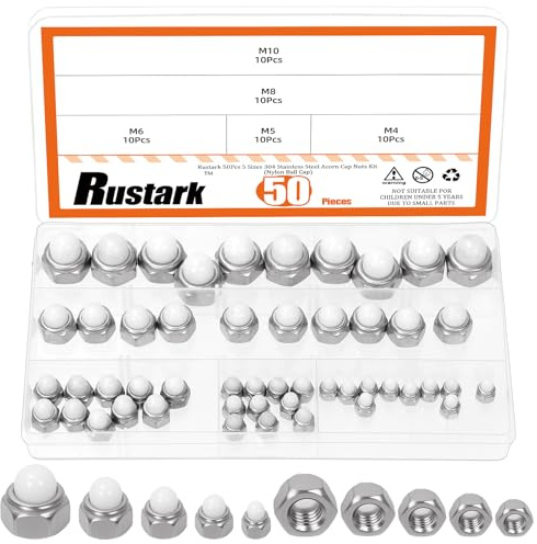 Rustark 50Pcs 5 Sizes Acorn Nuts Assortment Kit Metric Hex Acorn Cap Nuts 304 Stainless Steel Dome Head Hex Nut Crown Cap Nut Hexagonal Cover Protection Caps for Furniture Automotive Indoor Outdoor