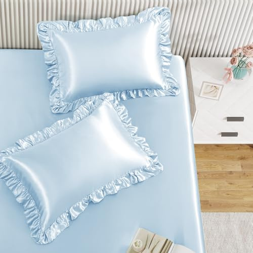 Homiest Baby Blue Full Ruffle Pillowcase & Satin Fitted Sheet Set 3Pcs