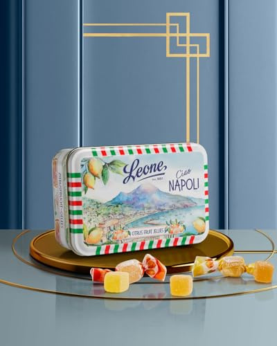 Leone seit 1857 – Blechdose Gelée Bonbons – Pastillen Leone – Vegane und glutenfreie – Italienische Postkartensammlung – Zitrusgeschmack (Orange, Zitrone, Mandarine) – Neapel – 100 g