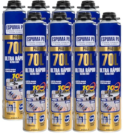 Espuma de Poliuretano 70L 750ml con Cánula – Espuma Expansiva Ultra Rápida para Sellado de Grietas y Huecos – Aislamiento Térmico y Acústico – Espuma para Construcción, Puertas y Ventanas x8 Unidades