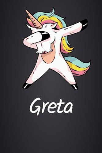 Greta: DIN A5 (6'x9') Notizbuch mit 120 blanko Seiten - Personalisiertes Journal | Tagebuch | Poesiealbum | Notizheft mit süßem Einhorn als Geschenk ... oder zum Geburtstag für Frauen und Mädchen