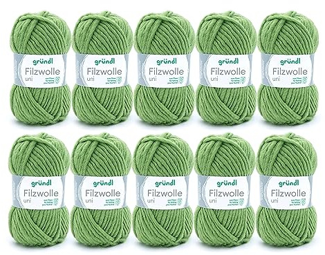 Gründl Wolle Filzwolle uni 100% Schurwolle - 10 Knäuel 50 g, Grasgrün | Dicke Wolle zum Filzen in der Waschmaschine - Strickgarn zum Filzen - Weich und hautfreundlich - 50g/50 m - Nadelstärke 8-9