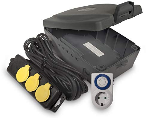 Masterplug Wetterfeste Box für den Außenbereich mit 8 Meter Verlängerungskabel und 3 Steckdosen incl. Zeitschaltuhr