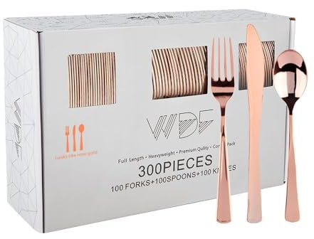 WDF 300 Pieces Rose Gold Plastic Silverware- Disposable Flatware Set - Heavy Duty Plastic Cutlery Includes 100 Forks, 100 Spoons, 100 Knives Perfect for Wedding/Party/Birthday
