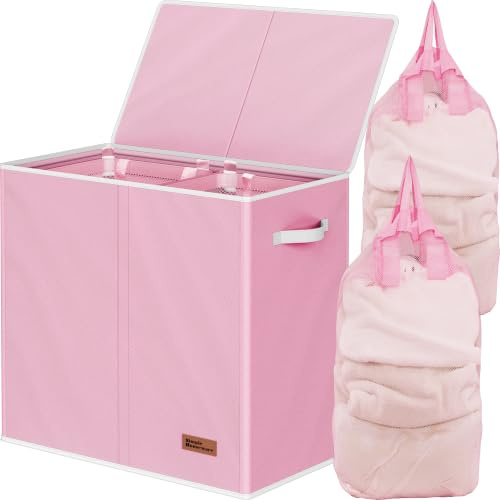 Simple Houseware Doppelter Wäschekorb mit Deckel und abnehmbaren Wäschesäcken, Rosa | 130 l, robustes 600D-Polyester, wasserabweisende Oberfläche