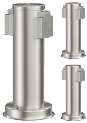 ledscom.de 3 pezzi presa da giardino a colonna PORU per esterni, IP44, 2 vie, acciaio inox, rotonda, 27 cm
