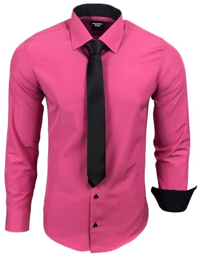 Subliminal Mode - Camisa para hombre de manga larga con cuello bicolor liso + Corbata negra, camisa de corte ajustado para negocios, fácil de planchar RN77, rosa fucsia, XL