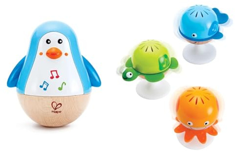 Hape E0331 - Stehauf-Pinguin, Stehaufmännchen mit Klang, blau, ab 6 Monaten & E0330 Saugnapf Rasselset
