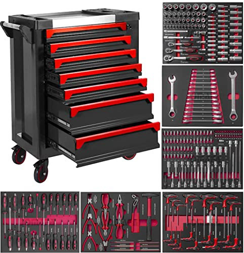 JOMAFA Carro de Herramientas 7 cajones con Puerta Lateral, con Herramientas 6 modulos EVA Rojo Y Negro