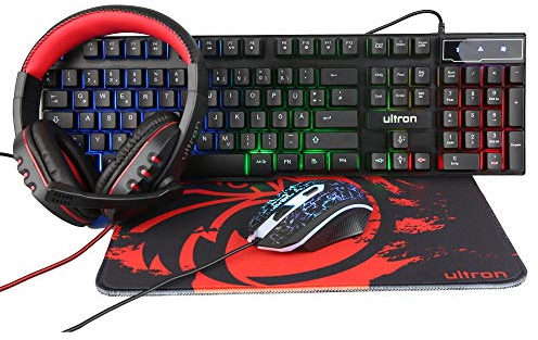 Ultron Hawk - Set tastiera per gaming 4 in 1 PC Pack Combo – Tastiera retroilluminata RGB [QWERTZ DE Layout] e mouse [fino a 6400 DPI], cuffie da gioco e tappetino per mouse – per PC, Xbox, PS4
