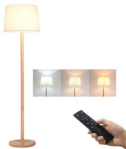 ACMHNC LED Dimmbar 12W Wohnzimmer Stehlampe, Holz Stehleuchte mit Fernbedienung E27 Standleuchte mit Leinenstoff Lampenschirm Skandinavischer Leselampe für Schlafzimmer Arbeitszimmer,Weiß