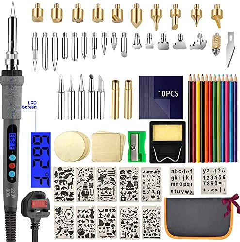 Wood Burning Kit 77Pcs, 60W LCD Adjustable Temperature Soldering Pyrography Wood Burning Set Tool Pen and Accessories,Graphics, Soldering Irons,woodburning Embossing Carving…