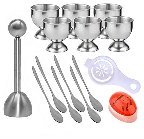 Egg Cracker Topper Set for Soft Boiled Eggs Includes 1 Stainless Steel Egg Topper 6 Egg holder cups 6 Egg Spoons 1 Egg Timer 1 Egg Yolk Separator
