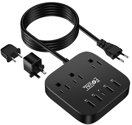 European Travel Plug Adapter, FOVAL EU UK US Power Strip with USB C and 4 USB Ports, 3 AC Outlets, Wall Mountable, 5ft Extension Cord, Compact for Travel, Cruise Ship, Home Office (Black)