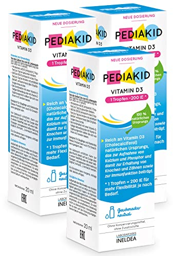 PEDIAKID - VITAMIN D3 - Optimiert die Vitamin-D-Versorgung - Trägt zur Aufnahme von Kalzium und Phosphor, zur Erhaltung von Knochen und Zähnen und zur Immunfunktion beiträgt - 3 x 20 ml