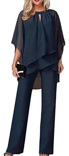Shownicer Damen Tüll Abendanzug Set - Zweiteiler Chiffon Shirt und Hohe Taille Hosenanzug Elegant Vintage 2-Teiliges Outfit für Cocktail Party Festlich - Blau XL