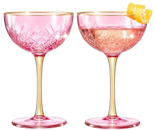 Vintage Art Deco Coupe for Champagne, Martini, Cocktails| Set of 2 | 7 oz Classic Cocktail Glassware - Manhattan, Crystal Speakeasy Style Saucer Goblets with Stems (Pink) (TWS-GLSW-COUP-CRYS-PNK-2)
