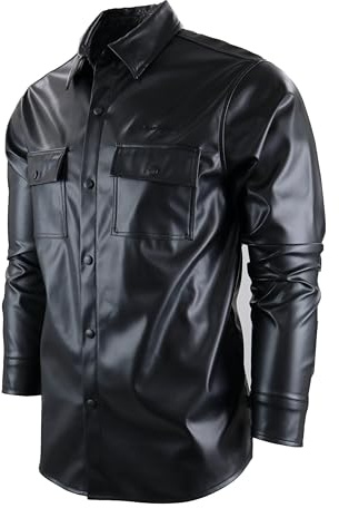 SCREENSHOT-W61300 Mens PU Urban Premium Button Down Shirt - Vegan Leather Active Streetwear Fashion Top-Black-Medium