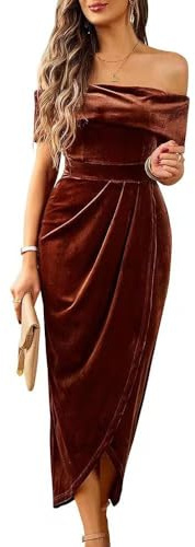 Off The Shoulder Vintage Velvet Bodycon Midi Dress for Women Wrap Slit Elegant Cocktail Party Evening Pencil Dress (L,Brown)