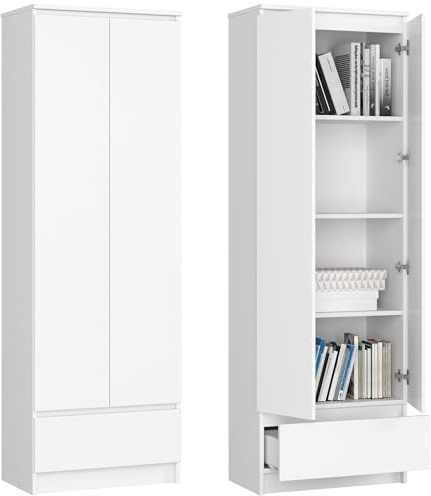 Home Collective Schrank Büroregal Bücherregal Regal weiß 60cm breit 180cm hoch, mit 2 Türen und Schublade unten
