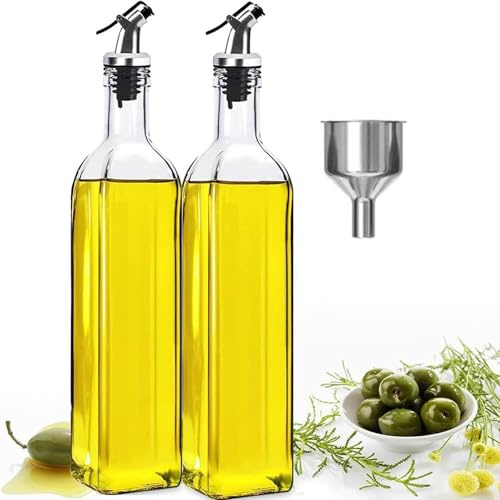 Keyoung 2PCS ölflasche glas 450ml, essig und ölspender mit ausgießer, Trichter, Anti-Schmutz Verschluss, dunkelgrün olivenöl spender, öl flaschen, ölflaschen für Küche, Grill, Pasta, Salate, Backen