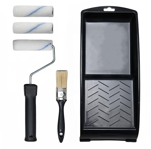 Malerset Klein 5tlg zum Lackieren von Kleinflächen - Farbroller 10cm + 2 Ersatzrolle + Farbwanne + Pinsel 30mm