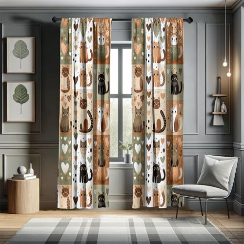 ABAKUHAUS Gatti Tenda a Pannello Set di 2, Amore di gattino moderno scandinavo arte, Trattamento della Finestra per Stanza e Camera da Letto, 2 pezzi 75 cm x 245 cm, Zenzero Verde Oliva Bianco