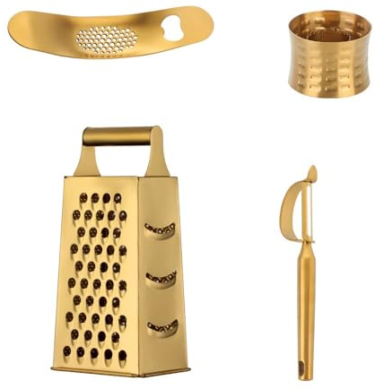 Buyer Star 4 Pcs Gold Professional Kitchen Gadgets Set, Box Grater with 4 Sides, Stainless Steel Garlic Press, Peeler, Corn Stripper Grater Peeler Slicer, Best for Parmesan Cheese, Vegetables, Ginger