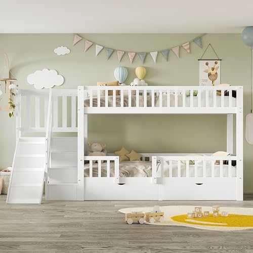 Sapgaks Lit Enfant 90x200 avec tiroirs et Toboggan et escalier,lit superposé Enfant 90x200 avec Porte magnétique,lit Mezzanine 2 Places,Multifonctionnel,Bois Massif,Blanc