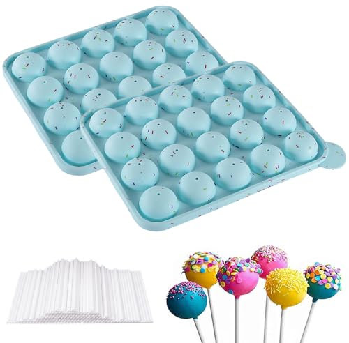 Puedno Cake Pop - Moule à sucettes - Avec 100 bâtonnets à cake pop - 20 sucettes rondes - En silicone - Pour bonbons, cupcakes, gelée - Bleu