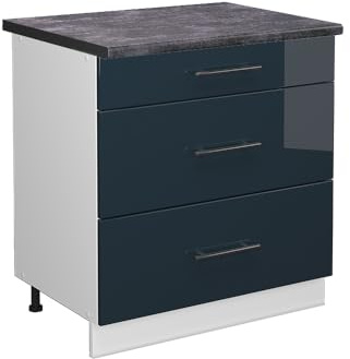 Vicco Küchenunterschrank Fame-Line, Dunkelblau Hochglanz, 80 cm mit 3 Schubladen, AP Anthrazit, zur Kombination mit weiteren Modulen der Fame-Line Serie