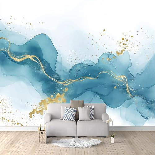 Papier Peint Panoramique Marbre Aquarelle Abstraite 3D Effet Or Bleu pour Couloir Canapé Fond Décoration, Papier Peint intissé pour Chambre Salon Décoration Murale, 350 x 256 cm