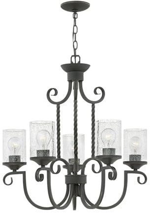 Licht-Erlebnisse Kronleuchter mit Schirm 63,5 cm breit H: max. 230 cm verstellbar Glas Metall E27 Schwarz Antik Rustikal Lüster Hängelampe Wohnzimmer