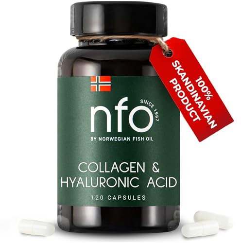NFO COLLAGEN & HYALURONIC ACID [120 Kapseln] Natürlicher hochdosiert Komplex aus Marine Kollagen, Hyaluronsäure, Vitamin C, Biotin, Zink für gesunde Haut, Haare, Nägel, Zähne, Hergestellt in Finnland