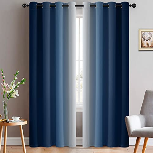 Yakamok Blue and Greyish White Ombre Curtains, Room Darkening Gradient Color Curtains for Bedroom, Light Blocking Thermal Insulated Window Drapes for Living Room(52x84 Inch, 2 Panels)