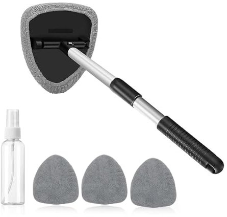 HUIBOHOU Windshield Cleaner, Car Windscreen Cleaning Tool Inside with 4 Reusable and Washable Microfiber Pads and Extendable Handle Auto Glass Wiper Kit (Grey)
