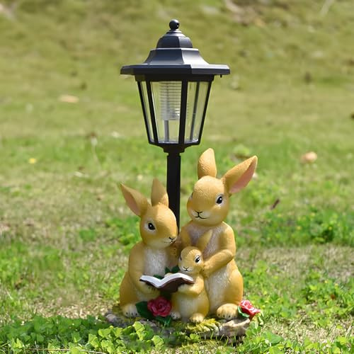 OurLeeme Rabbit Statue Garden Ornaments with Solar Lights Outdoor | Art Decoration Weatherproof Family with Post Light Lantern, Resin for Garden Lawn Yard Patio