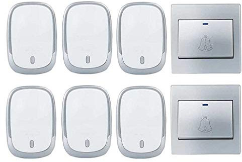 WOTZOV Timbre inalámbrico Resistente al Agua, 2 transmisores y 6 receptores, Timbre inalámbrico con Enchufe de Pared, 36 melodías Musicales, 4 Niveles de Volumen Ajustables, DIS,Plata