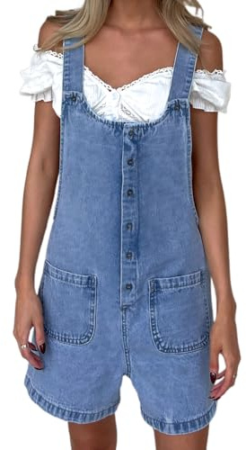 FeMereina Womens Summer Denim Romper Overall Shorts Casual Sleeveless V Neck Jean Romper Denim Outfit Short Jumpsuits