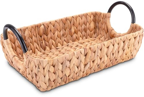 Decorasian Serviertablett geflochten aus Wasserhyazinthe – Deko Tablett rechteckig mit Griffen - Natur Holztablett als Frühstückstablett oder Hockertablett - 40 x 25 x 10cm