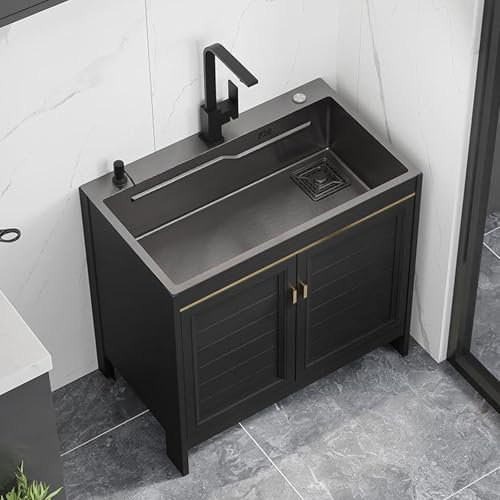 Lavelli da Cucina, Moderno Lavabo con Mobiletto Rubinetto per Ristorante,Bar,caffè Lavandino per Interno,Lavanderia,ScuolaKitchen Sink(Size:65 * 45cm,Color:Black + Square Faucet)
