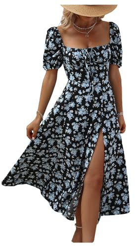 GORGLITTER Women's Milkmaid Floral Midi Dress Summer Tea Dress Boho Square Neck Short Sleeve Split Flowy A Line Dresses Black and Blue M