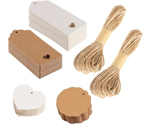 GUO-YING Geschenkanhänger Set, 200 Stück Kraftpapier und Weiß, mit 40m Juteschnur, Herz-Design