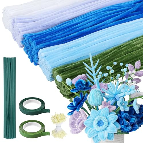 Niuny Fil Chenille 500PCS Cure Pipe Bleu Chenille Loisir Creatif 5 Couleurs Pipe Cleaners avec Étamines Floratape et Tige Fleur Artificiel pour Fournitures de Bouquet de Fleurs et de Décoration DIY