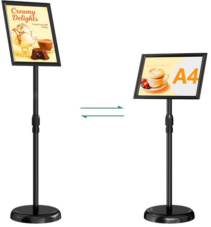 VOCON Infoständer DIN A4, Aufsteller, Kundenstopper, Höhenverstellbar, Plakatständer mit stabiler Basis, Präsentationsständer, A4 Werbeständer mit Drehbarem Display Einfachem Inhaltswechsel (Schwarz)