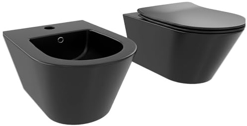 Bricozone Coppia Di Sanitari Sospesi In Ceramica Set Wc E Bidet Da Parete Design Moderno Con Copri Wc Soft Close E Finitura Opaca Ideali Per Bagno Contemporaneo Facili Da Pulire (Nero opaco)